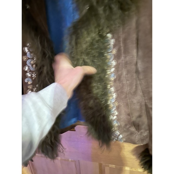 Furry Boho Gypsy Tan Wilson Leather Suede Jacket Size S Embroidered Beaded Penny - Picture 3 of 6